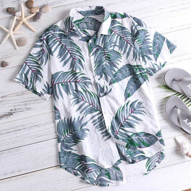 White Leaf Pattern Beach Shirt